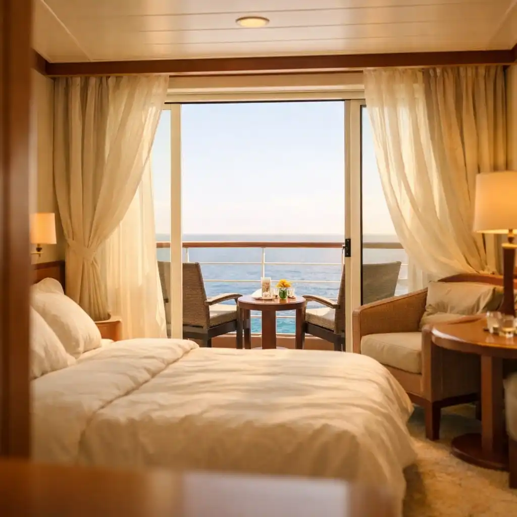 A warm, inviting cruise ship balcony cabin with cream linens, a small seating area, and an open balcony door facing the sea