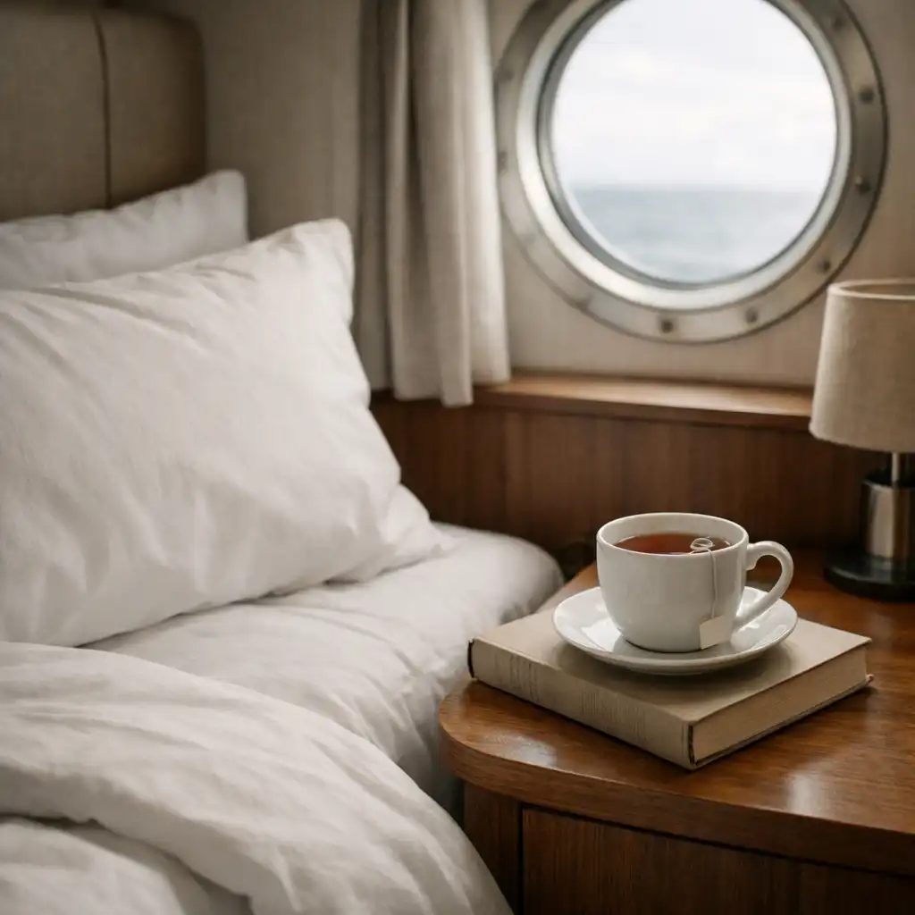 Close-up of a neatly made cruise cabin bed beside a porthole