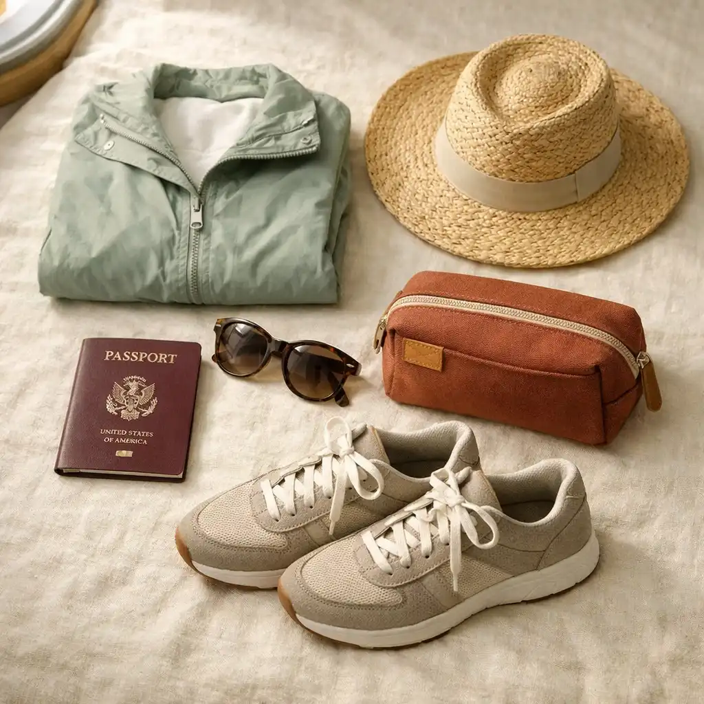 A neatly arranged flat-lay of cruise packing essentials on a cream linen bedspread