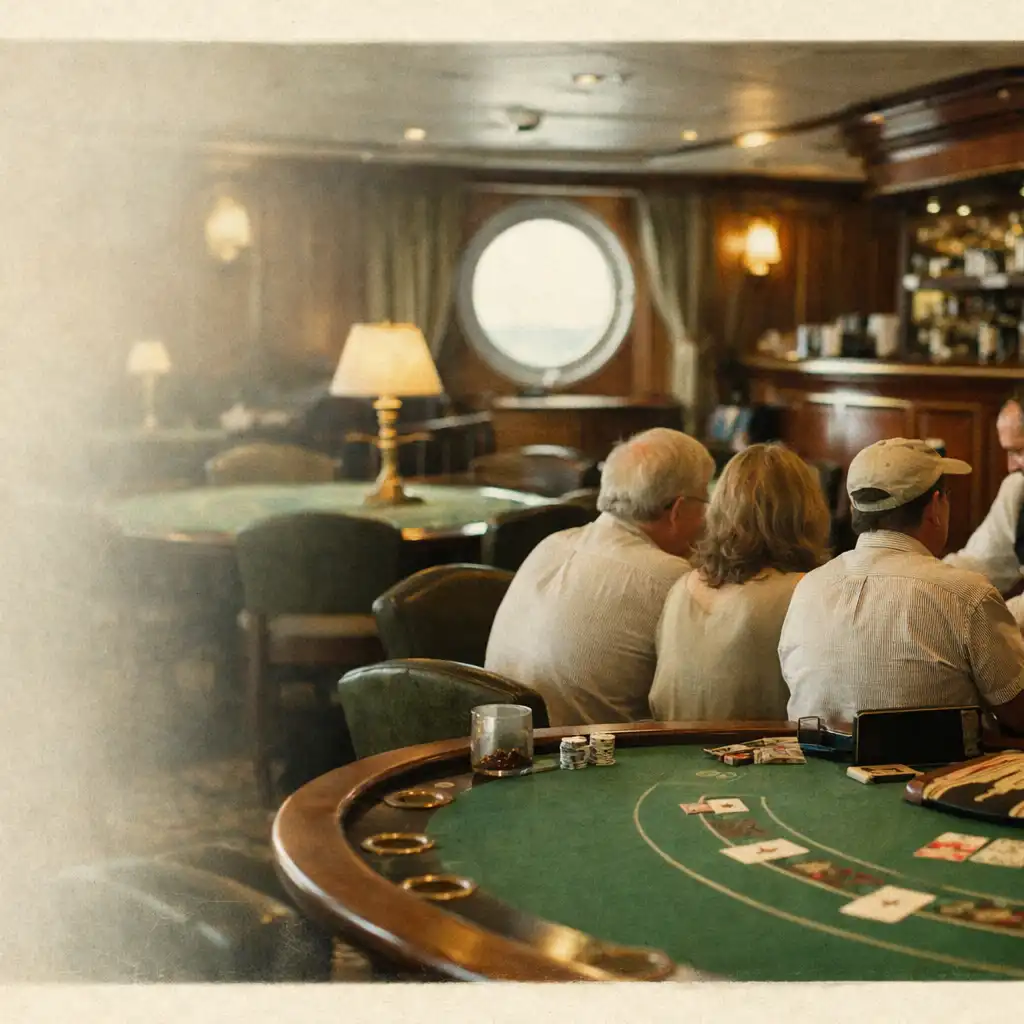 A softly lit cruise ship casino lounge with green felt tables and warm wood panelling