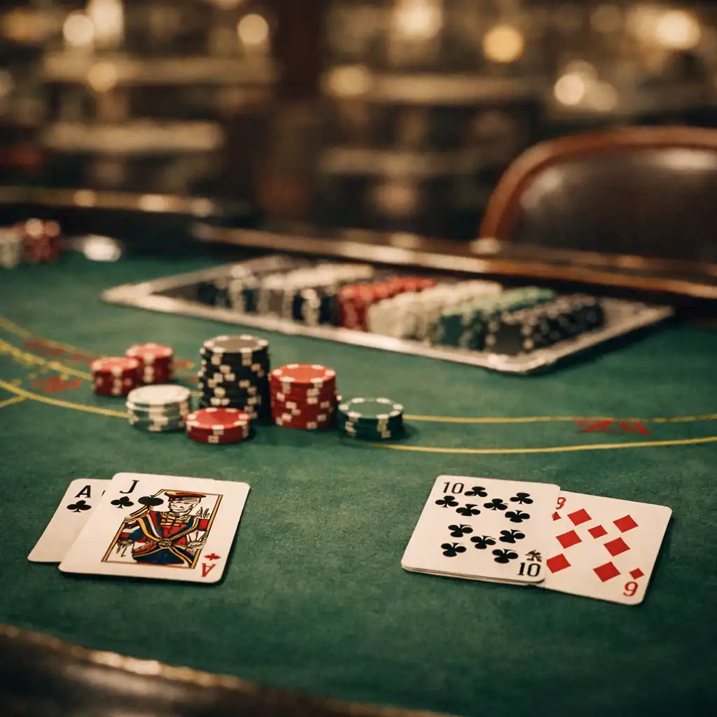 Close-up of a cruise ship casino table with cards and chips
