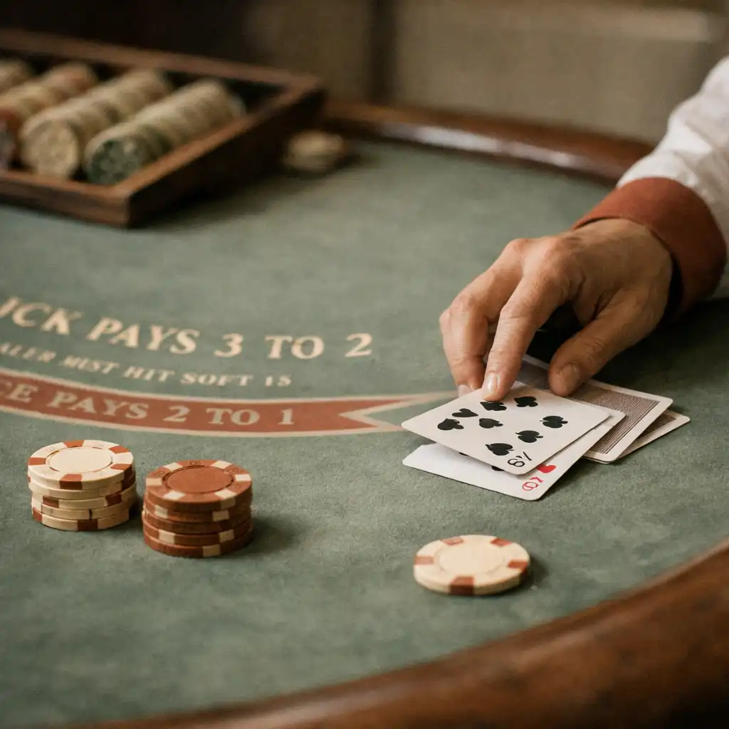A close-up of a cruise ship casino table with green felt, chips, and a dealer's hand dealing cards