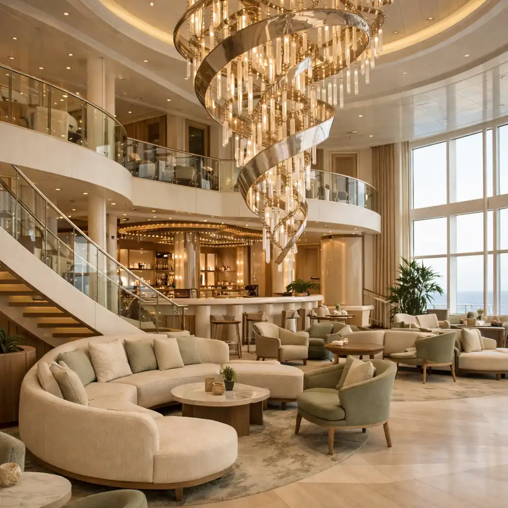 Modern atrium interior of Celebrity Edge with sculptural chandelier