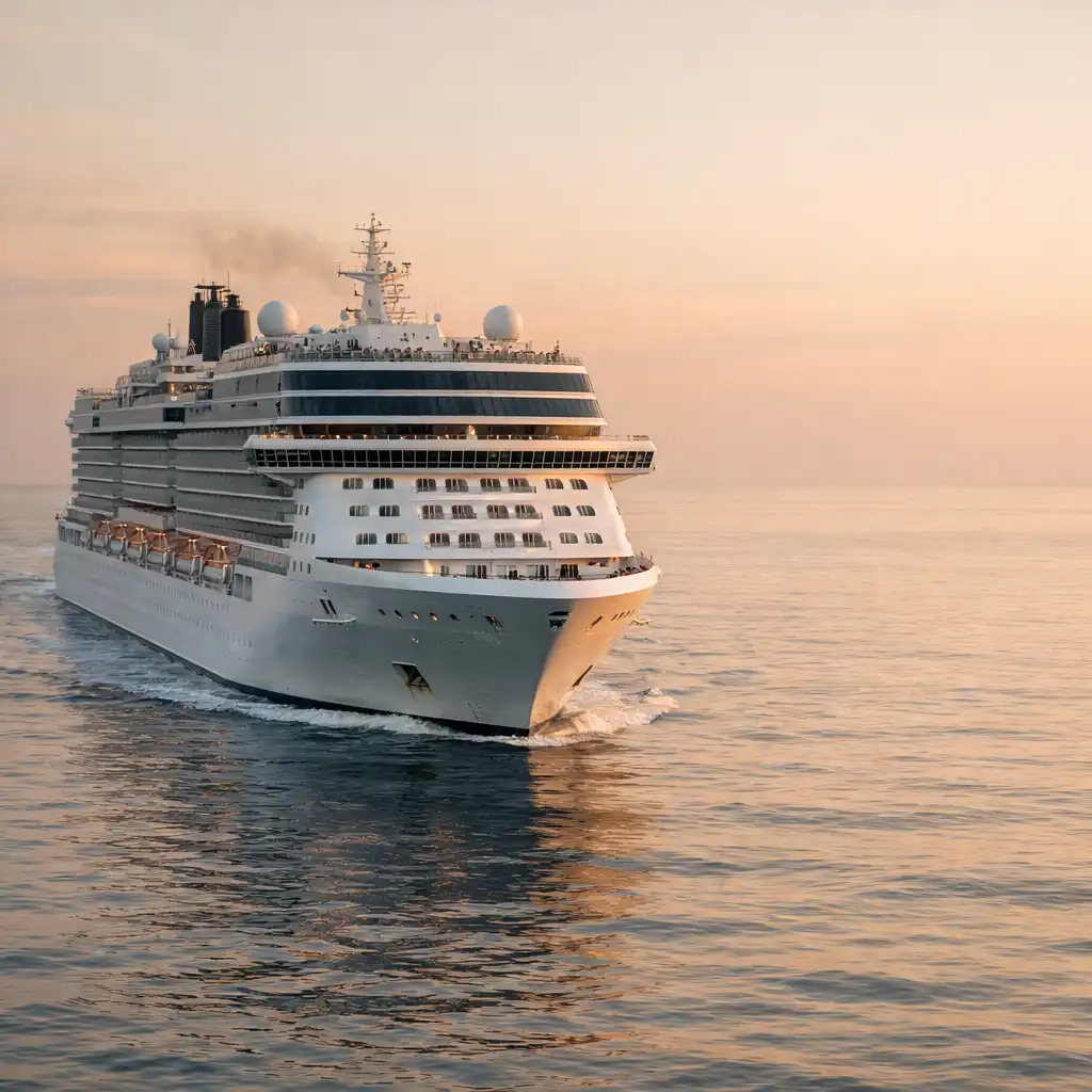 A cruise ship moving across calm golden-hour water