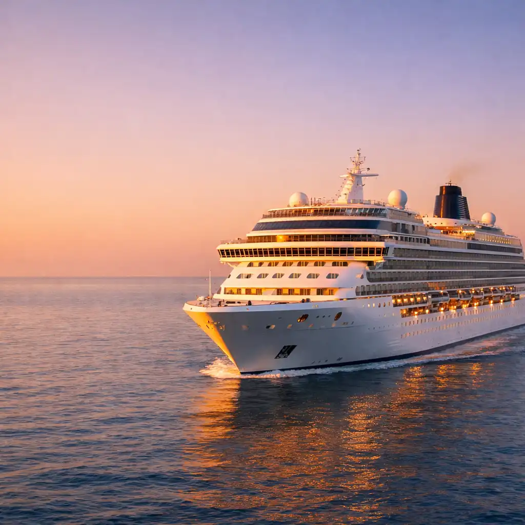 An elegant cruise ship sailing on calm waters during golden hour with a soft peach and lavender sky