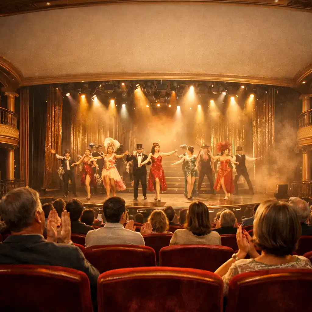 A warm, slightly desaturated photograph of a cruise ship theatre during a Broadway-style show, with golden stage lights and an audience in plush red velvet seats.