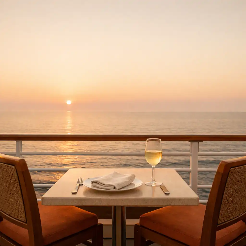 A deck-side dining table at golden hour with two chairs facing a calm ocean