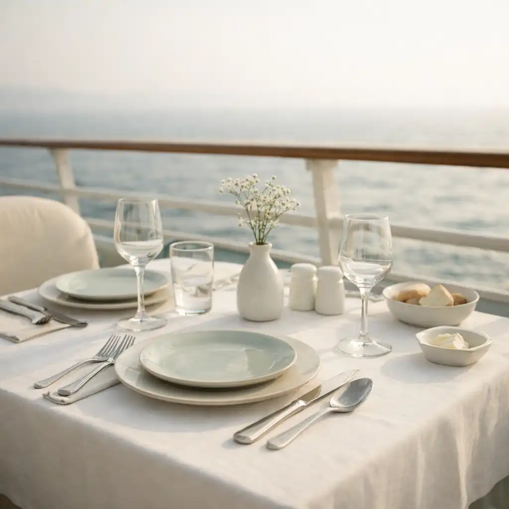 An elegant outdoor dining table on a cruise ship deck set for a meal