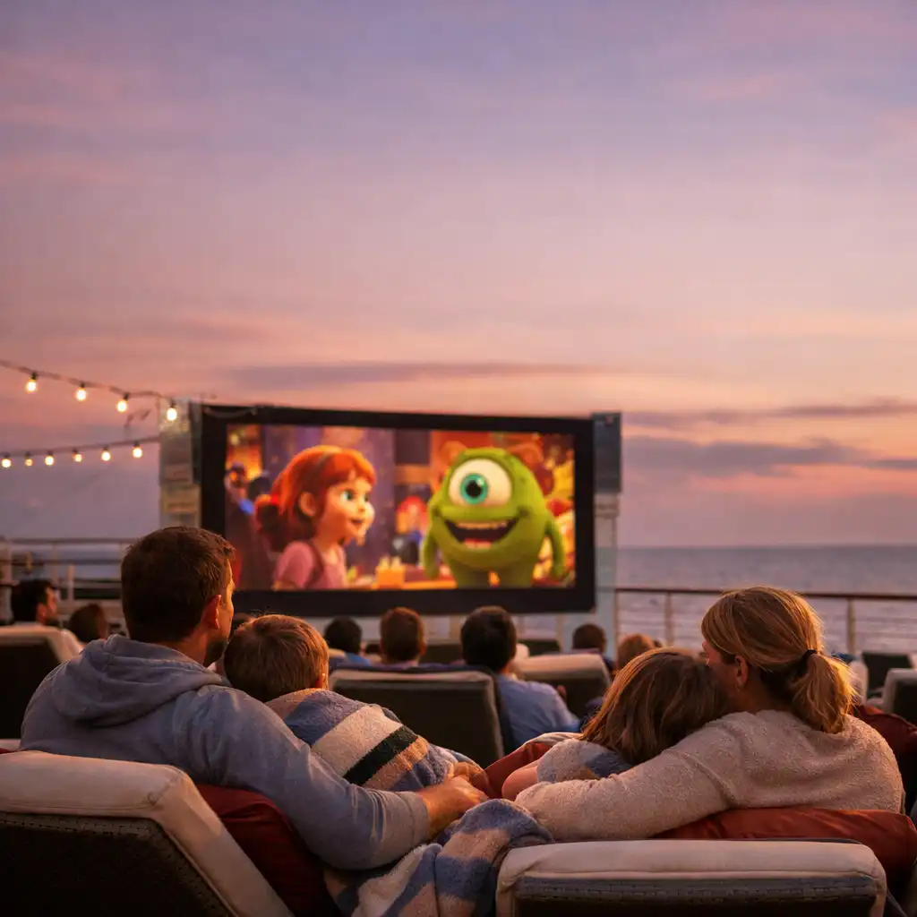A warm, slightly desaturated photograph of a family enjoying an outdoor movie night on a cruise ship deck, seated on loungers with blankets under a twilight sky.