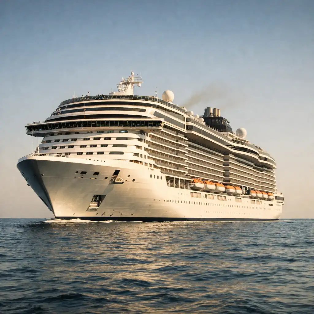Modern cruise ship at sea under a clear sky