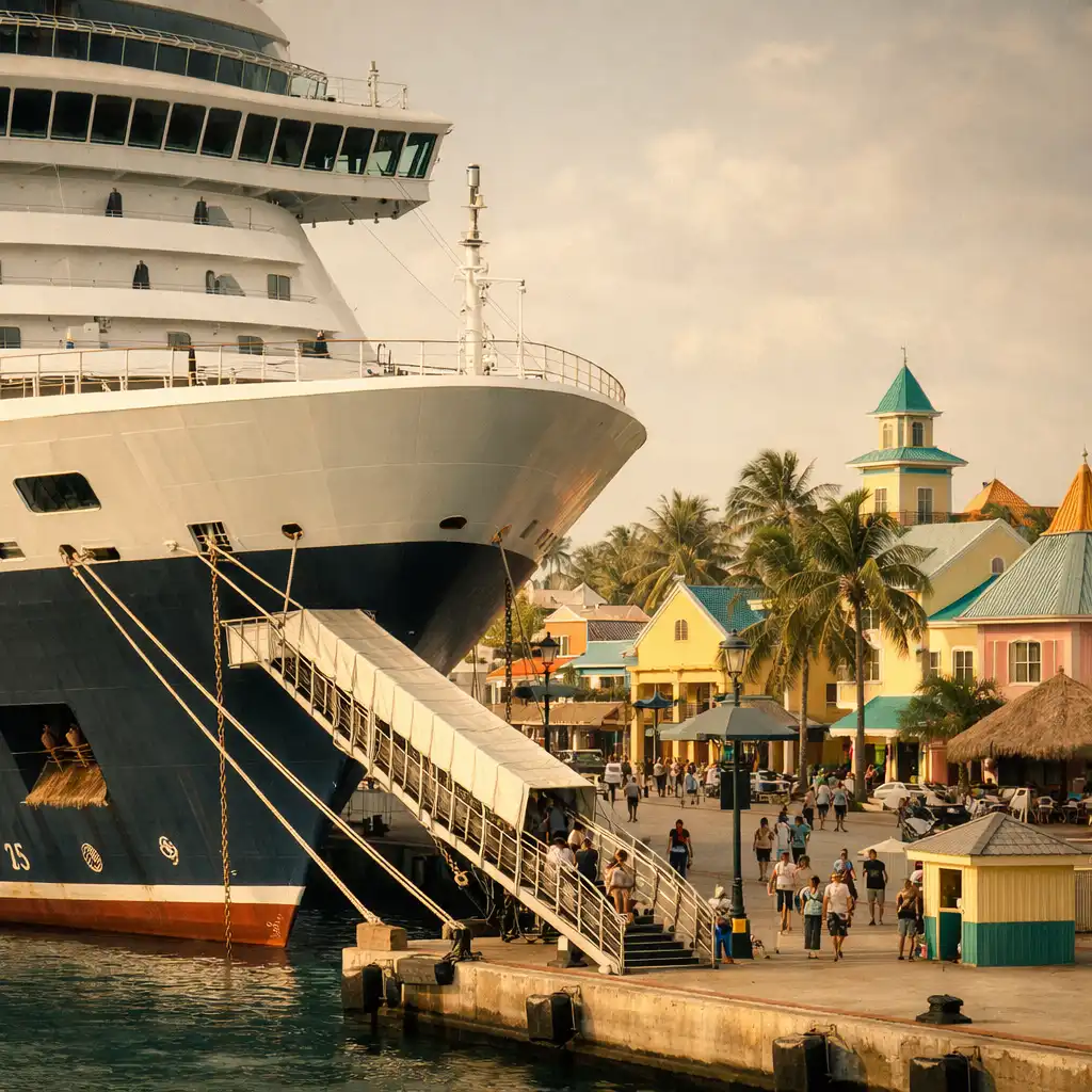 Cruise ship docked at a tropical port with palm trees