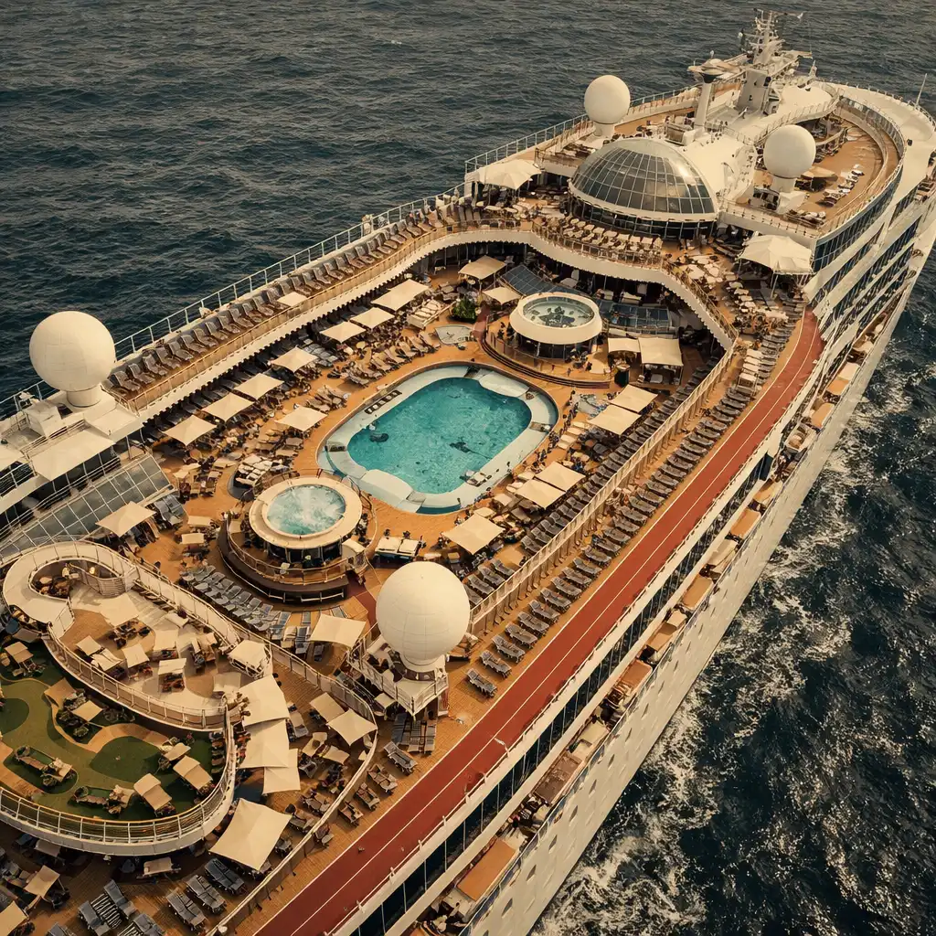 Aerial view of a cruise ship showing top decks and pools