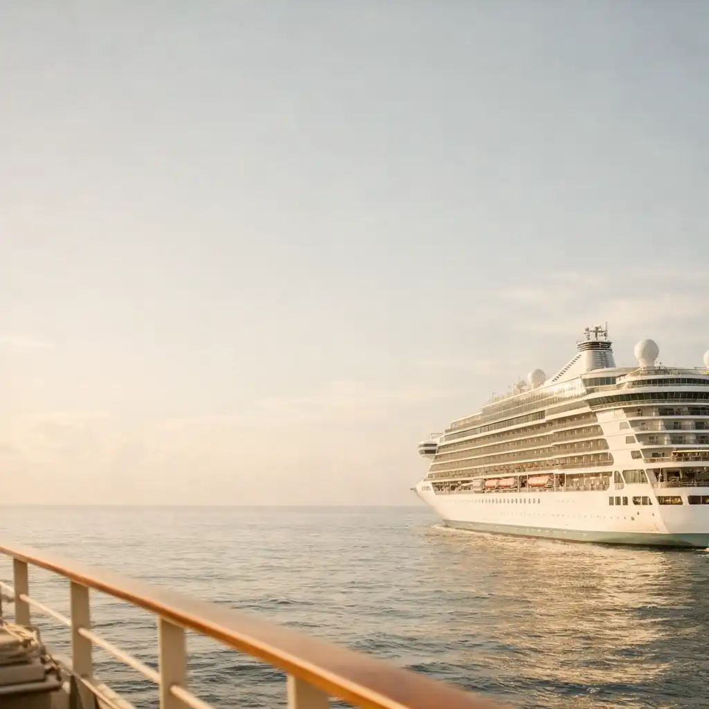 A sun-warmed cruise ship at sea viewed from a low deck-level perspective