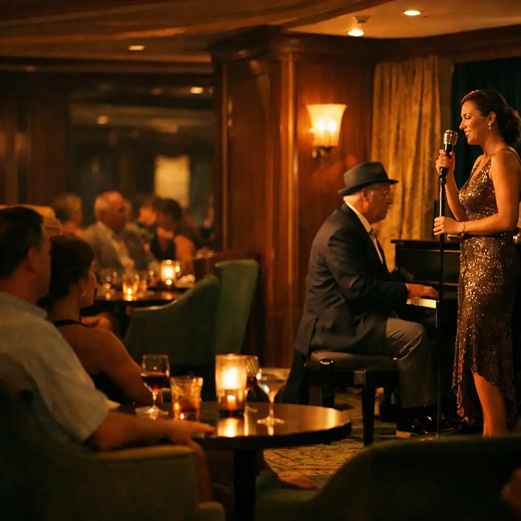 A warm, slightly desaturated photograph of a live jazz lounge on a cruise ship, with a pianist and singer on a small stage and an intimate audience at tables.