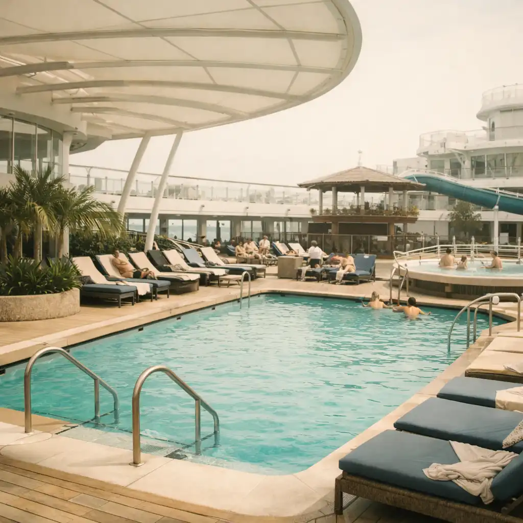 Pool deck on Oasis of the Seas with turquoise water and loungers