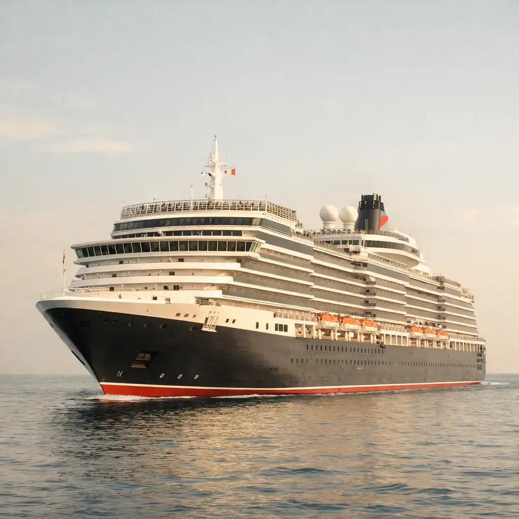 Queen Victoria cruise ship sailing on calm sunlit waters