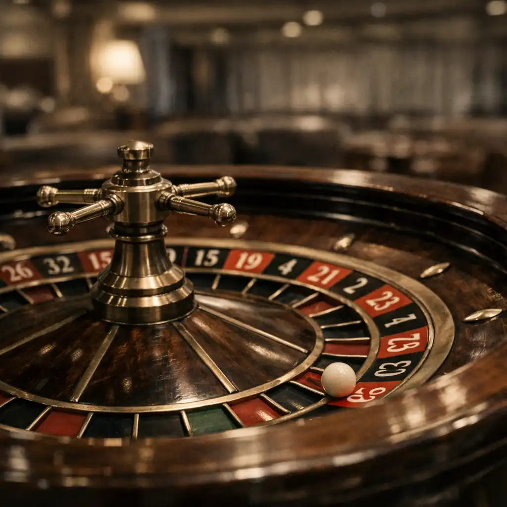 Close-up of a roulette wheel with the ball resting in a red pocket